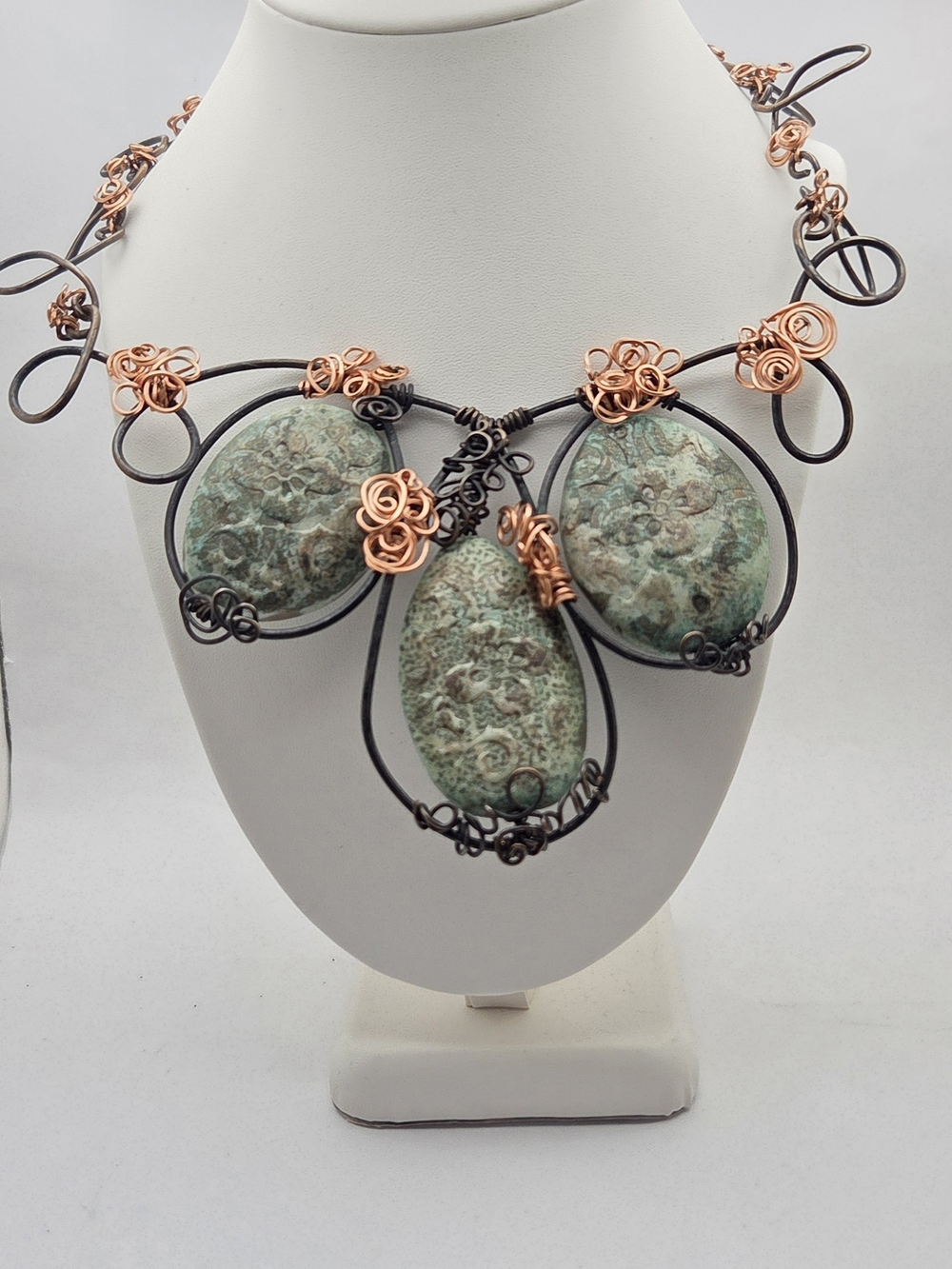 Artisan Wire Wrapped Floral Ceramic Focal Statement Necklace
